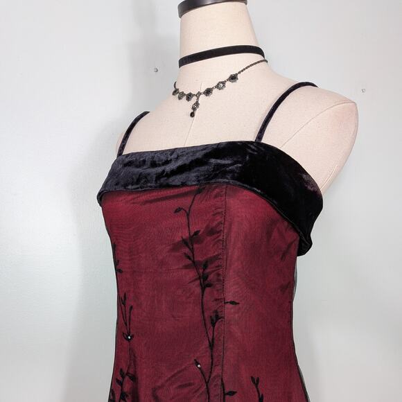 Vintage Nightway Prom Dress Maxi Gown 6 Red Black 90S Y2K Goth Floral Velvet - Picture 4 of 11